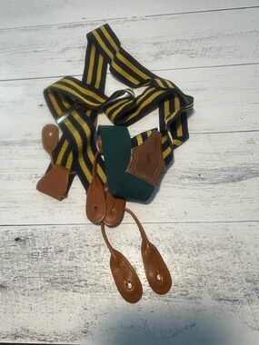 Polo by Ralph Lauren Black & Yellow Striped Men’s Suspenders with Brown Leather